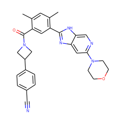 Cc1cc(C)c(-c2nc3cc(N4CCOCC4)ncc3[nH]2)cc1C(=O)N1CC(c2ccc(C#N)cc2)C1 ZINC000142602671