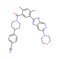 Cc1cc(C)c(-c2nc3cc(N4CCOCC4)ncc3[nH]2)cc1C(=O)N1CCC(c2ccc(C#N)cc2)CC1 ZINC000095582821