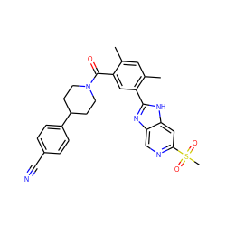 Cc1cc(C)c(-c2nc3cnc(S(C)(=O)=O)cc3[nH]2)cc1C(=O)N1CCC(c2ccc(C#N)cc2)CC1 ZINC000095585145