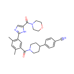 Cc1cc(C)c(-c2ncc(C(=O)N3CCOCC3)[nH]2)cc1C(=O)N1CCC(c2ccc(C#N)cc2)CC1 ZINC000150294632