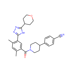 Cc1cc(C)c(-c2nnc(C3CCOCC3)[nH]2)cc1C(=O)N1CCC(c2ccc(C#N)cc2)CC1 ZINC000150279591