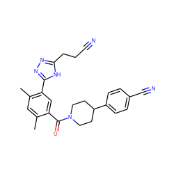 Cc1cc(C)c(-c2nnc(CCC#N)[nH]2)cc1C(=O)N1CCC(c2ccc(C#N)cc2)CC1 ZINC000150237834