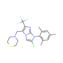 Cc1cc(C)c(-n2c(Cl)cn3c(CN4CCSCC4)c(C(F)(F)F)nc23)c(C)c1 ZINC000049054355