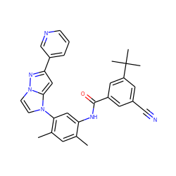 Cc1cc(C)c(-n2ccn3nc(-c4cccnc4)cc23)cc1NC(=O)c1cc(C#N)cc(C(C)(C)C)c1 ZINC000224209431