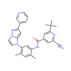 Cc1cc(C)c(-n2ccn3nc(-c4cccnc4)cc23)cc1NC(=O)c1cc(C#N)nc(C(C)(C)C)c1 ZINC000224193446