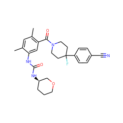 Cc1cc(C)c(C(=O)N2CCC(F)(c3ccc(C#N)cc3)CC2)cc1NC(=O)N[C@@H]1CCCOC1 ZINC000150180114