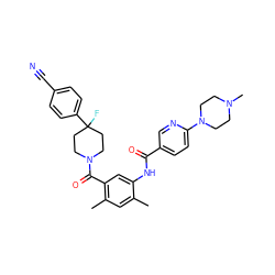 Cc1cc(C)c(C(=O)N2CCC(F)(c3ccc(C#N)cc3)CC2)cc1NC(=O)c1ccc(N2CCN(C)CC2)nc1 ZINC000150253540