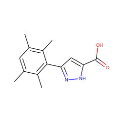 Cc1cc(C)c(C)c(-c2cc(C(=O)O)[nH]n2)c1C ZINC000071558975