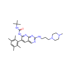 Cc1cc(C)c(C)c(-c2cc3cnc(NCCCN4CCN(C)CC4)nc3nc2NC(=O)NC(C)(C)C)c1C ZINC000022938697