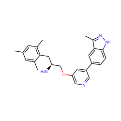 Cc1cc(C)c(C[C@H](N)COc2cncc(-c3ccc4[nH]nc(C)c4c3)c2)c(C)c1 ZINC000014961712