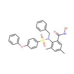 Cc1cc(C)c(N(Cc2ccccc2)S(=O)(=O)c2ccc(Oc3ccccc3)cc2)c(C(=O)NO)c1 ZINC000026276229