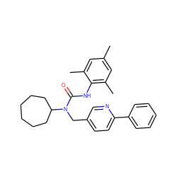 Cc1cc(C)c(NC(=O)N(Cc2ccc(-c3ccccc3)nc2)C2CCCCCC2)c(C)c1 ZINC000013779964