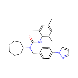 Cc1cc(C)c(NC(=O)N(Cc2ccc(-n3cccn3)cc2)C2CCCCCC2)c(C)c1 ZINC000013779973