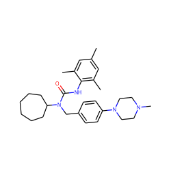 Cc1cc(C)c(NC(=O)N(Cc2ccc(N3CCN(C)CC3)cc2)C2CCCCCC2)c(C)c1 ZINC000013779993