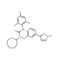 Cc1cc(C)c(NC(=O)N(Cc2cccc(-c3ccn(C)n3)c2)C2CCCCCC2)c(C)c1 ZINC000013779979