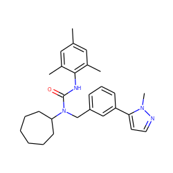 Cc1cc(C)c(NC(=O)N(Cc2cccc(-c3ccnn3C)c2)C2CCCCCC2)c(C)c1 ZINC000013779981