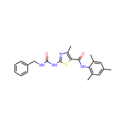 Cc1cc(C)c(NC(=O)c2sc(NC(=O)NCc3ccccc3)nc2C)c(C)c1 ZINC000014952081