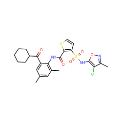 Cc1cc(C)c(NC(=O)c2sccc2S(=O)(=O)Nc2onc(C)c2Cl)c(C(=O)C2CCCCC2)c1 ZINC000026149027