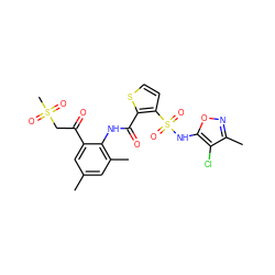 Cc1cc(C)c(NC(=O)c2sccc2S(=O)(=O)Nc2onc(C)c2Cl)c(C(=O)CS(C)(=O)=O)c1 ZINC000029571916