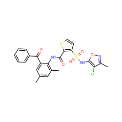 Cc1cc(C)c(NC(=O)c2sccc2S(=O)(=O)Nc2onc(C)c2Cl)c(C(=O)c2ccccc2)c1 ZINC000026151483