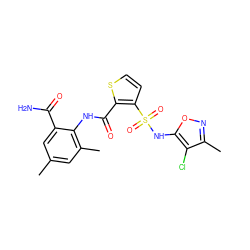 Cc1cc(C)c(NC(=O)c2sccc2S(=O)(=O)Nc2onc(C)c2Cl)c(C(N)=O)c1 ZINC000013560314