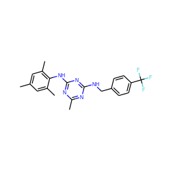 Cc1cc(C)c(Nc2nc(C)nc(NCc3ccc(C(F)(F)F)cc3)n2)c(C)c1 ZINC000013759959