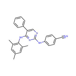 Cc1cc(C)c(Nc2nc(Nc3ccc(C#N)cc3)ncc2-c2ccccc2)c(C)c1 ZINC000005930565