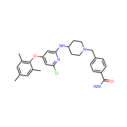 Cc1cc(C)c(Oc2cc(Cl)nc(NC3CCN(Cc4ccc(C(N)=O)cc4)CC3)c2)c(C)c1 ZINC001772627071