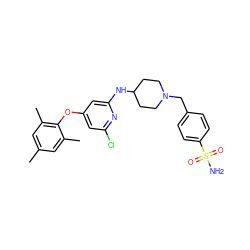 Cc1cc(C)c(Oc2cc(Cl)nc(NC3CCN(Cc4ccc(S(N)(=O)=O)cc4)CC3)c2)c(C)c1 ZINC001772616376