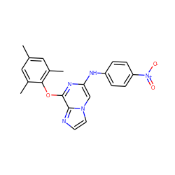 Cc1cc(C)c(Oc2nc(Nc3ccc([N+](=O)[O-])cc3)cn3ccnc23)c(C)c1 ZINC000219786211