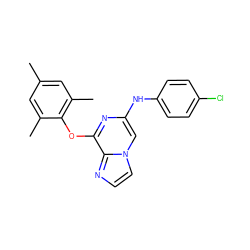 Cc1cc(C)c(Oc2nc(Nc3ccc(Cl)cc3)cn3ccnc23)c(C)c1 ZINC000219795062