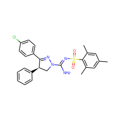 Cc1cc(C)c(S(=O)(=O)/N=C(\N)N2C[C@@H](c3ccccc3)C(c3ccc(Cl)cc3)=N2)c(C)c1 ZINC000013559235