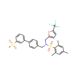 Cc1cc(C)c(S(=O)(=O)N(Cc2ccc(-c3cccc(S(C)(=O)=O)c3)cc2)Cc2ccc(C(F)(F)F)o2)c(C)c1 ZINC000049781343