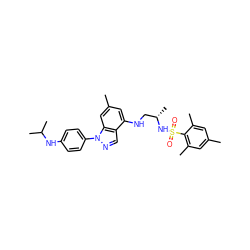 Cc1cc(C)c(S(=O)(=O)N[C@@H](C)CNc2cc(C)cc3c2cnn3-c2ccc(NC(C)C)cc2)c(C)c1 ZINC000066098631