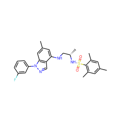 Cc1cc(C)c(S(=O)(=O)N[C@@H](C)CNc2cc(C)cc3c2cnn3-c2cccc(F)c2)c(C)c1 ZINC000066077312