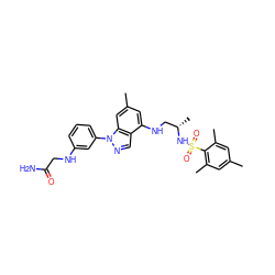 Cc1cc(C)c(S(=O)(=O)N[C@@H](C)CNc2cc(C)cc3c2cnn3-c2cccc(NCC(N)=O)c2)c(C)c1 ZINC000066075682