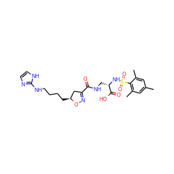 Cc1cc(C)c(S(=O)(=O)N[C@@H](CNC(=O)C2=NO[C@@H](CCCCNc3ncc[nH]3)C2)C(=O)O)c(C)c1 ZINC000013803559