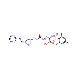 Cc1cc(C)c(S(=O)(=O)N[C@@H](CNC(=O)CO[C@H]2CN[C@H](CNc3ccccn3)C2)C(=O)O)c(C)c1 ZINC000028710160