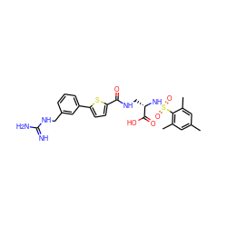 Cc1cc(C)c(S(=O)(=O)N[C@@H](CNC(=O)c2ccc(-c3cccc(CNC(=N)N)c3)s2)C(=O)O)c(C)c1 ZINC000001549902