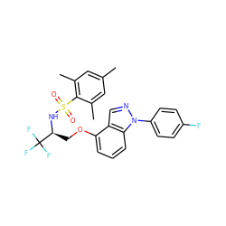 Cc1cc(C)c(S(=O)(=O)N[C@@H](COc2cccc3c2cnn3-c2ccc(F)cc2)C(F)(F)F)c(C)c1 ZINC000146889712