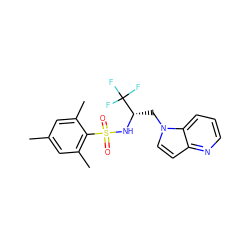 Cc1cc(C)c(S(=O)(=O)N[C@@H](Cn2ccc3ncccc32)C(F)(F)F)c(C)c1 ZINC000038215965