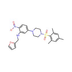 Cc1cc(C)c(S(=O)(=O)N2CCN(c3ccc([N+](=O)[O-])c(NCc4ccco4)c3)CC2)c(C)c1 ZINC000008666220