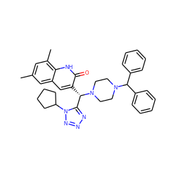 Cc1cc(C)c2[nH]c(=O)c([C@@H](c3nnnn3C3CCCC3)N3CCN(C(c4ccccc4)c4ccccc4)CC3)cc2c1 ZINC000022869587