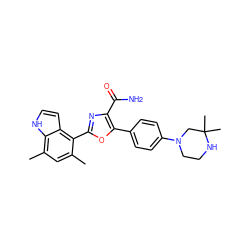 Cc1cc(C)c2[nH]ccc2c1-c1nc(C(N)=O)c(-c2ccc(N3CCNC(C)(C)C3)cc2)o1 ZINC000205428422