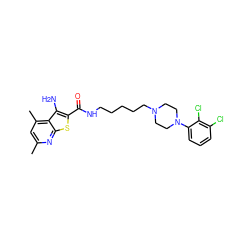 Cc1cc(C)c2c(N)c(C(=O)NCCCCCN3CCN(c4cccc(Cl)c4Cl)CC3)sc2n1 ZINC000169325642