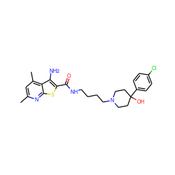 Cc1cc(C)c2c(N)c(C(=O)NCCCCN3CCC(O)(c4ccc(Cl)cc4)CC3)sc2n1 ZINC000169329350