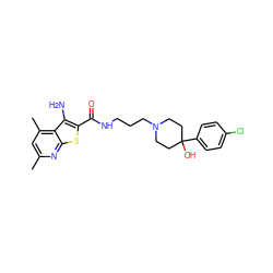 Cc1cc(C)c2c(N)c(C(=O)NCCCN3CCC(O)(c4ccc(Cl)cc4)CC3)sc2n1 ZINC000169327105