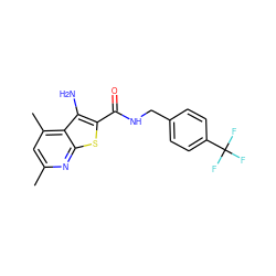 Cc1cc(C)c2c(N)c(C(=O)NCc3ccc(C(F)(F)F)cc3)sc2n1 ZINC000058568400