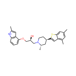 Cc1cc(C)c2cc([C@@H]3CCN(C[C@H](O)COc4cccc5[nH]c(C)cc45)[C@@H](C)C3)sc2c1 ZINC000013587193