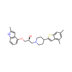 Cc1cc(C)c2cc(C3CCN(C[C@H](O)COc4cccc5[nH]c(C)cc45)CC3)sc2c1 ZINC000013490098